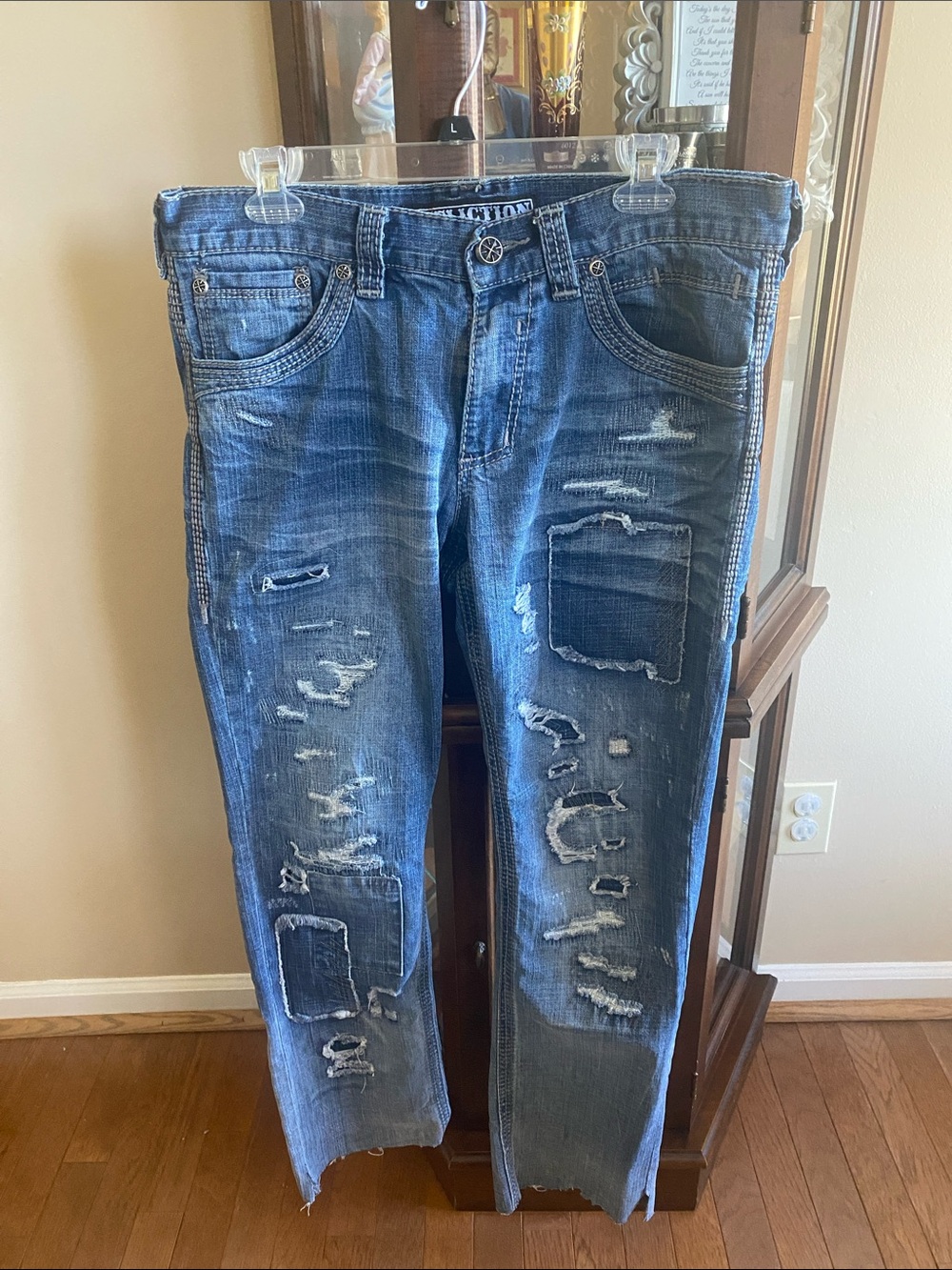 Affliction Distressed Blue Straight-Leg Jeans with Patchwork